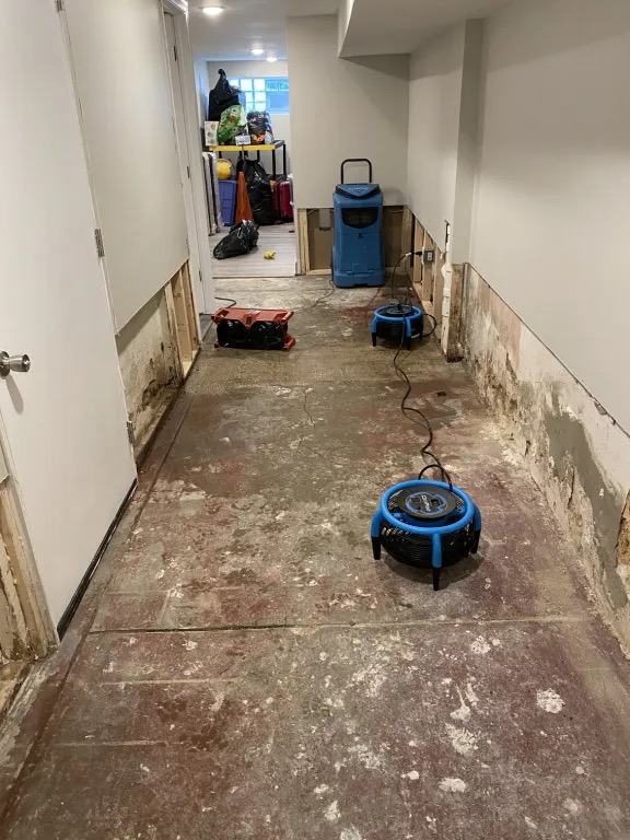 Hallway with the lower part of the walls removed and a bare floor, with a blue dehumidifier and air movers running.