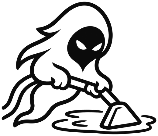 The Phantom Services ghost mascot using an extraction wand on a puddle of water.