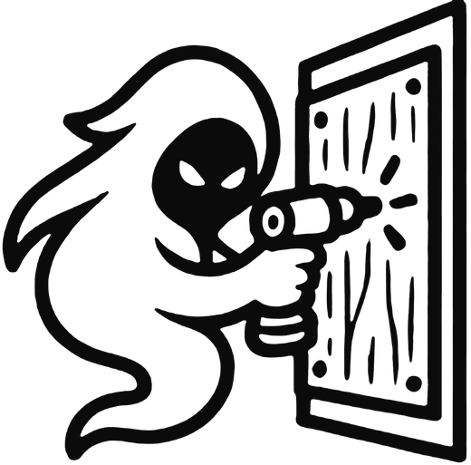 The Phantom Services ghost mascot using a drill to fasten a board over an opening.